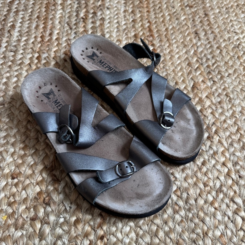 Mephisto 37 US 7 Metallic Grey Brown Hannel Cork Buckle Sandals Shoes